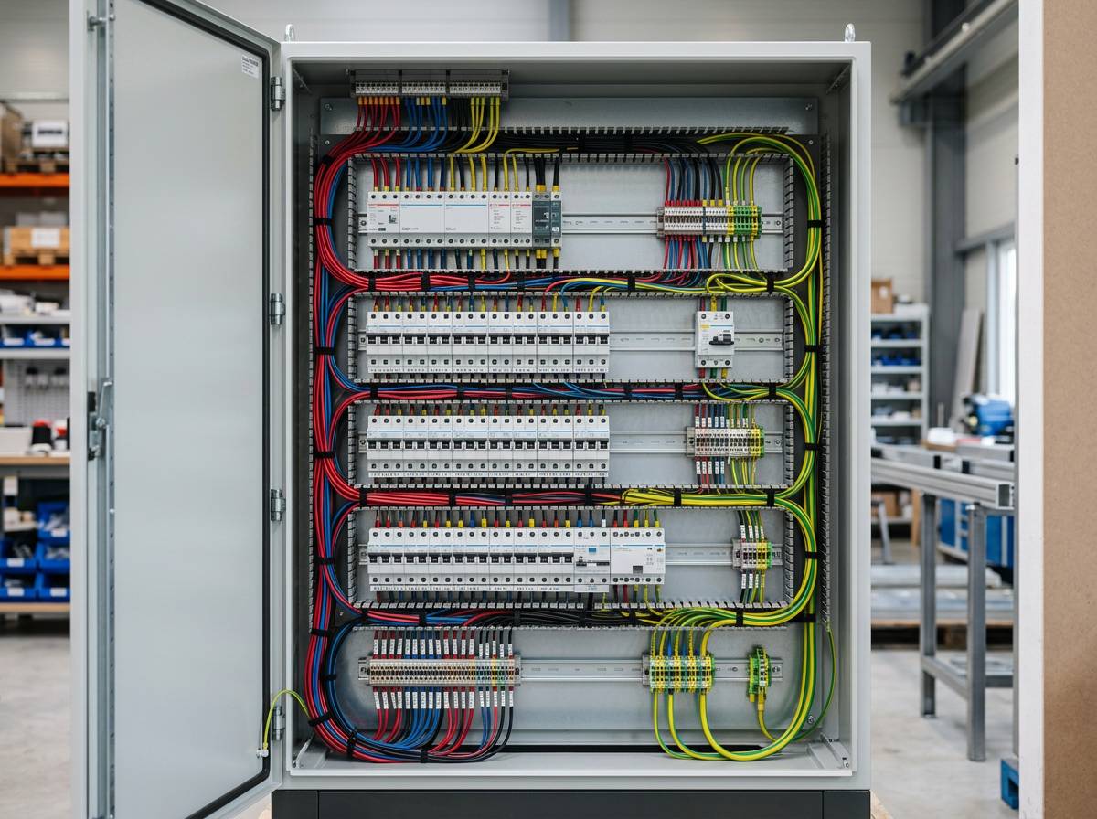 Realistic high-end editorial photograph of an open modern electrical distribution cabinet, extremely neat and professionally wired interior, organized colored wires, labeled circuit breakers, clean DIN rails, precise craftsmanship, soft industrial workshop light, no people, no logos
